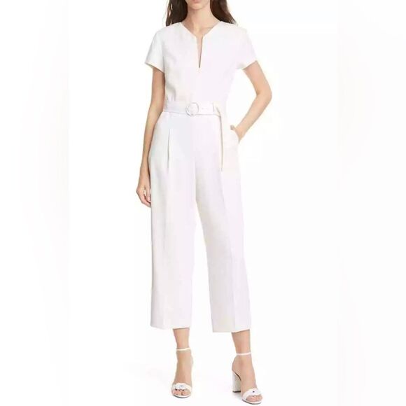 Club Monaco Women's Short Sleeve Zip Neck Beige Cream Polyester Jumpsuit EUC - Picture 9 of 9